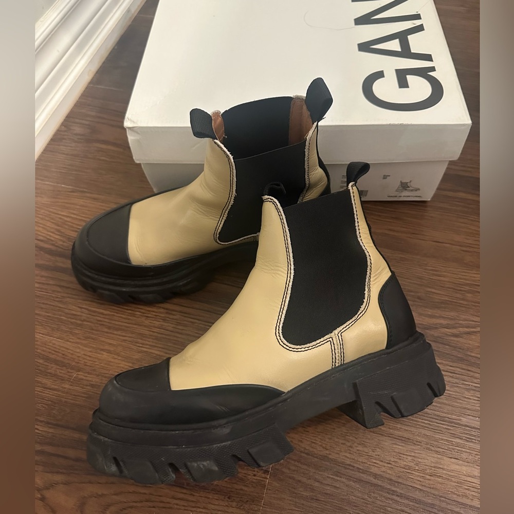 Ganni Black and Cream Ankle Boots